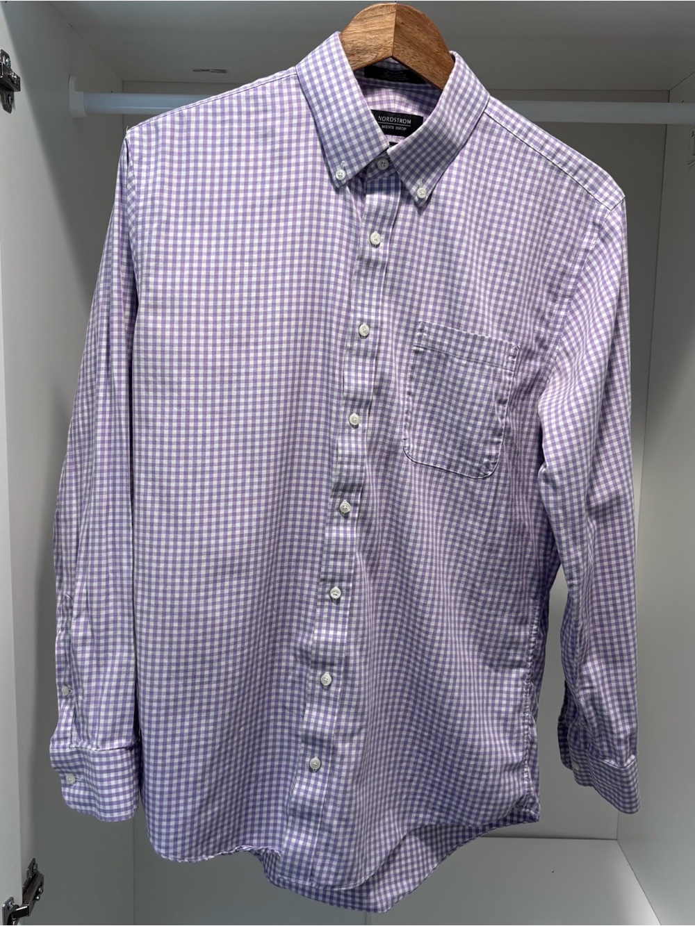 Nordstrom Men's Lavender Gingham Button-Down Shirt 100% Cotton Non-Iron Trim Fit